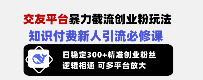 交友平台暴力截流创业粉玩法，知识付费新人引流必修课，日稳定300+精准创业粉丝，逻辑相通可多平台放大-西蒙学社
