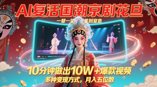 AI技术融合京剧国潮打造爆款视频 惊艳妆容动态10分钟速成百万流量 多重变现模式轻松月入过万-西蒙学社