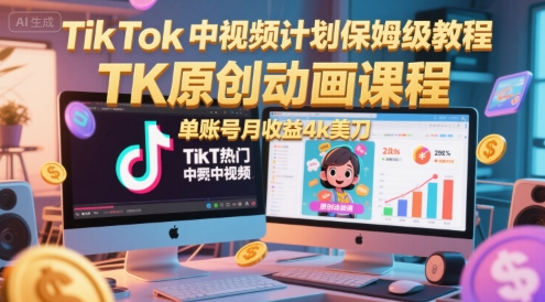 TikTok中视频计划详细教程，原创动画课程指南，单账号月赚4000美元-西蒙学社
