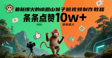 火爆峨眉山猴子短视频制作教程，每条 10w+ 点赞，一学就火教程加提示词-西蒙学社