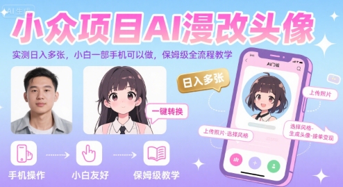 AI漫改头像小众项目实测，小白手机操作日赚多单，全流程保姆级教程-西蒙学社