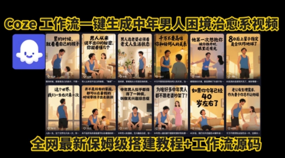 Coze 工作流一键生成中年男人困境扎心图文视频保姆级教程，无需剪辑拍摄轻松涨粉高播放-西蒙学社