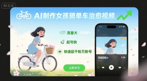 AI生成治愈系骑单车女孩视频，爆火流量三天速成！千粉→万粉秘籍-西蒙学社