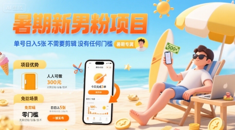 暑期男生新项目 单账号日赚500元 零剪辑零门槛-西蒙学社