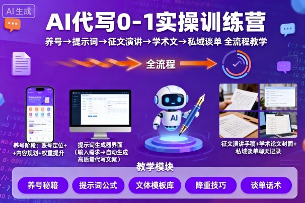 AI代写新手全流程实战教程：从账号培养提示词应用到征文演讲学术写作私域谈单教学-西蒙学社