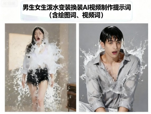 嗯，用户要求优化一个标题，目标是伪原创以提高百度收录。他提供的原标题是”男生女生泼水变装换装AI视频制作提示词(含绘图词、视频词)”，要求只输出一条可直接使用的标题，还要去掉《》符号。-西蒙学社