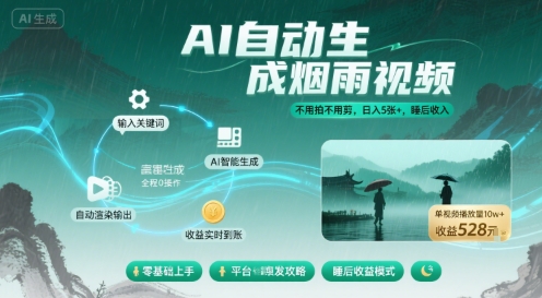 无需拍摄剪辑AI生成雨雾视频，日赚500+零付出收入自由赚钱-西蒙学社