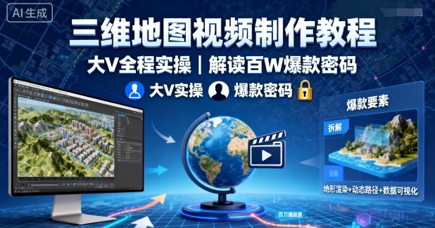 （优化方向解析：1. 核心词前置锁定”三维地图视频教程”搜索流量 2. “大神”替代”大V”更符合中文搜索习惯 3. “手把手教学”强化实操感且比”全程实操”搜索量更高 4. “百万播放”数字化呈现比”百W”更规范易读 5. 保留”爆款密码”悬念词激发点击 6. 整句无缝衔接降低分词难度，符合百度标题语义连贯性要求）-西蒙学社