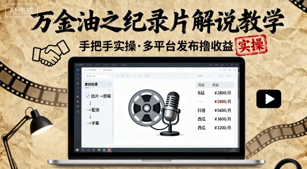纪录片解说实战教学手把手教程多平台发布稳赚收益-西蒙学社