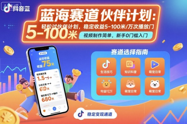 抖音潜力赛道轻松通过伙伴计划视频制作简易万播放收益5-100元收入稳定-西蒙学社