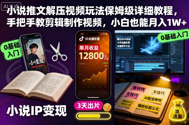 小说推文解压视频制作变现教程零基础小白月入过万教程-西蒙学社