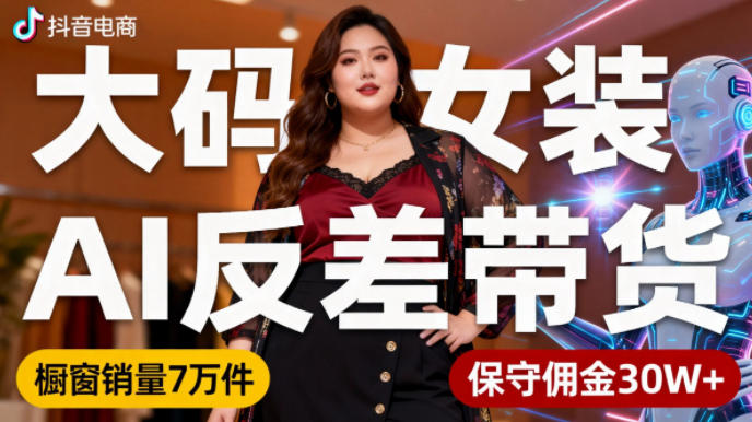 抖音大码女装AI反差带货免直播玩法,日均发布6条作品,橱窗热卖7万件,佣金收益稳超30万-西蒙学社