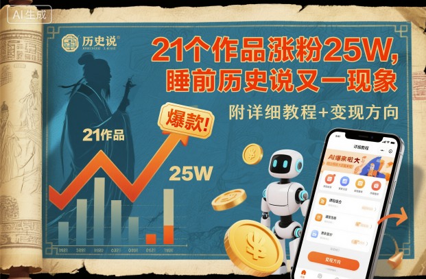 21作品疯狂吸粉25万 睡前历史说再创AI现象级爆款 附实用教程变现全指南-西蒙学社