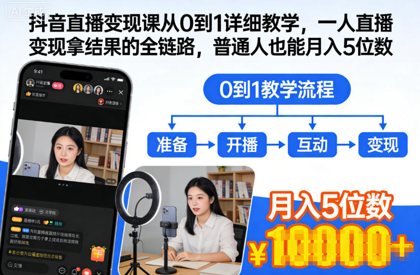 抖音直播变现从0到1零基础速成课 个人实战全链路月入五位数攻略-西蒙学社