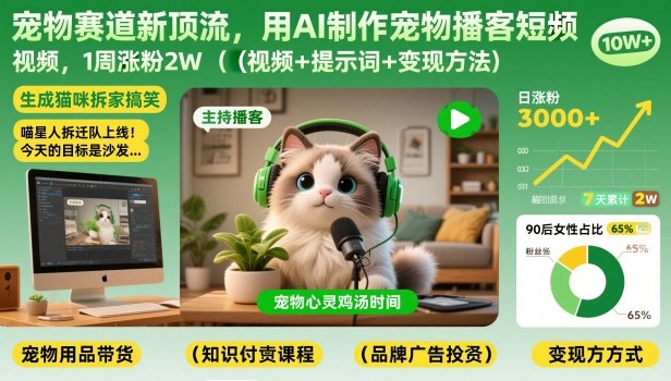 AI 宠物播客短视频制作一周涨粉 2W 附视频提示词变现方法-西蒙学社