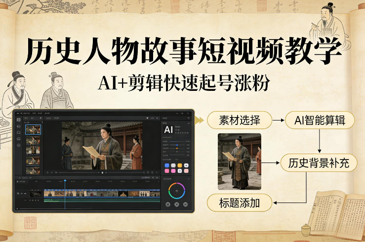 历史人物短视频AI剪辑教学，快速起号增粉实战指南-西蒙学社