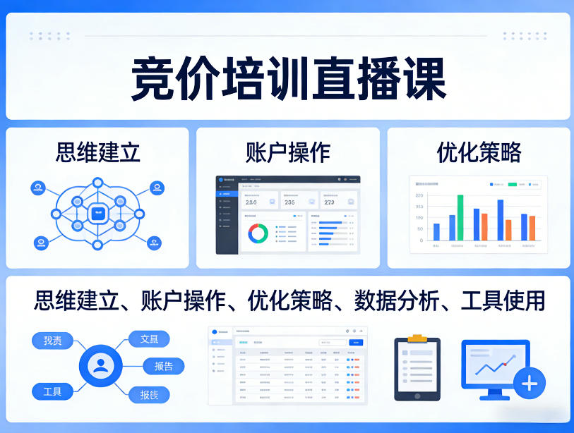 竞价培训直播课，覆盖思维建立、账户操作、优化策略、数据分析、工具使用等，全方位提升效果-西蒙学社