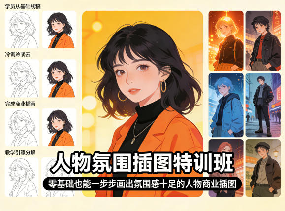 人物氛围插图特训班，零基础也能一步步画出氛围感十足的人物商业插图-西蒙学社