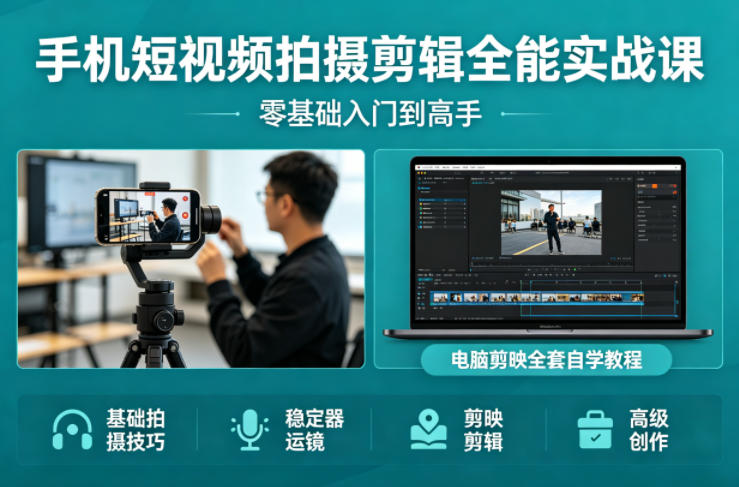 手机短视频拍摄剪辑全能实战课:零基础入门到高手,稳定器运镜+电脑剪映全套自学教程-西蒙学社