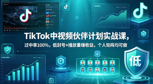 TikTok中视频伙伴计划实战课，过中率100%，低封号+播放量賺收益，个人矩阵均可做-西蒙学社