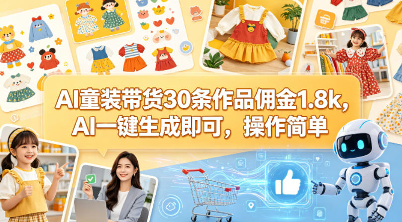 AI童装带货30条作品佣金1.8k，AI一键生成即可，操作简单-西蒙学社