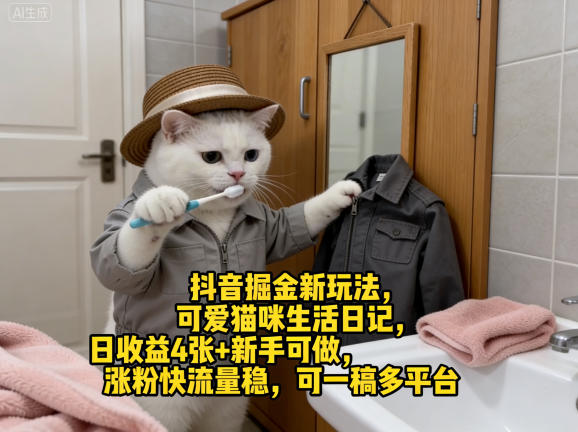 抖音掘金新玩法，可爱猫咪生活日记，日收益4张+新手可做，涨粉快流量稳，可一稿多平台-西蒙学社
