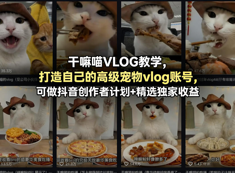 干嘛喵VLOG教学，打造自己的高级宠物vlog账号，可做抖音创作者计划+精选独家收益-西蒙学社