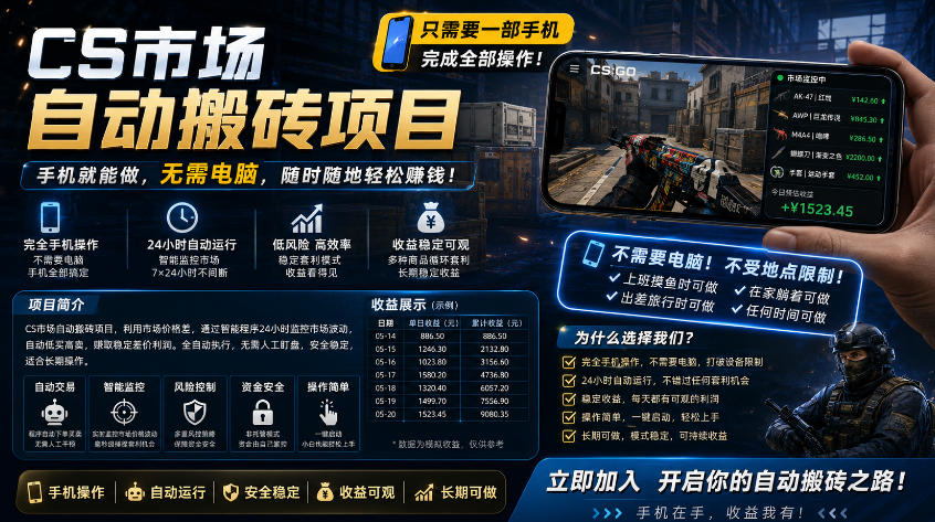 手机即可操作的CS市场自动搬砖系统｜自动监控｜自动下单|日入300+【揭秘】-西蒙学社
