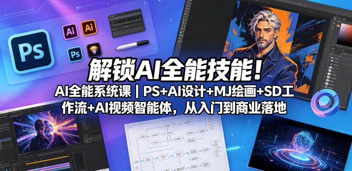 解锁AI全能技能！AI全能系统课｜PS+AI设计+MJ绘画+SD工作流+AI视频智能体，从入门到商业落地-西蒙学社