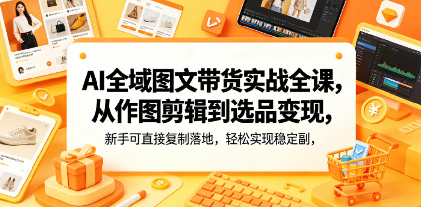 AI全域图文带货实战全课，从作图剪辑到选品变现，新手可直接复制落地，轻松实现稳定副业增收-西蒙学社