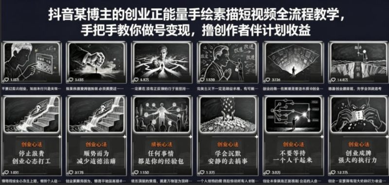 抖音某博主的创业正能量手绘素描短视频全流程教学，手把手教你做号变现，撸创作者伙伴计划收益-西蒙学社