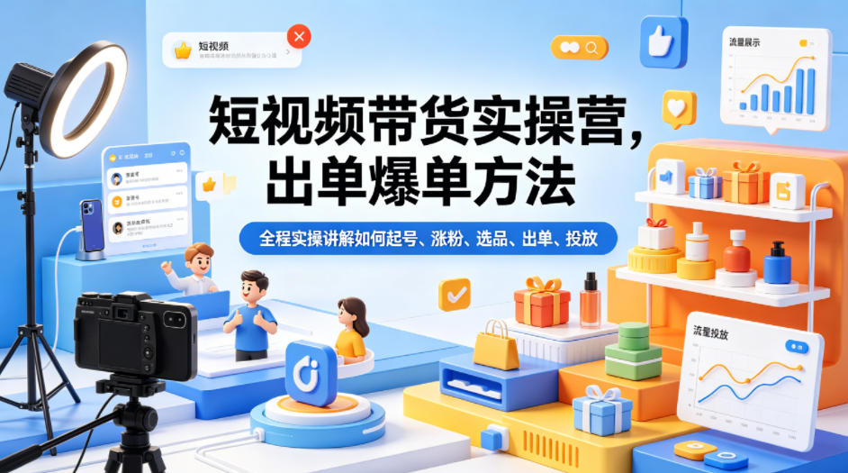 短视频带货实操营，出单爆单方法，全程实操讲解如何起号、涨粉、选品、出单、投放-西蒙学社