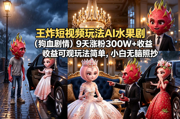 王炸短视频玩法AI水果剧（狗血剧情）9天涨粉300W+收益可观玩法简单，小白无脑照抄，详细拆解玩法-西蒙学社