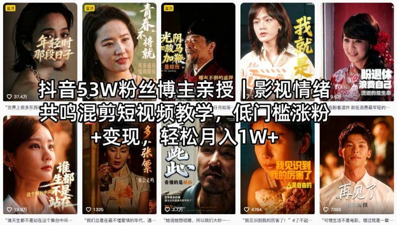 抖音53W粉丝博主亲授｜影视情绪共鸣混剪短视频教学，低门槛涨粉+变现，轻松月入1W+-西蒙学社