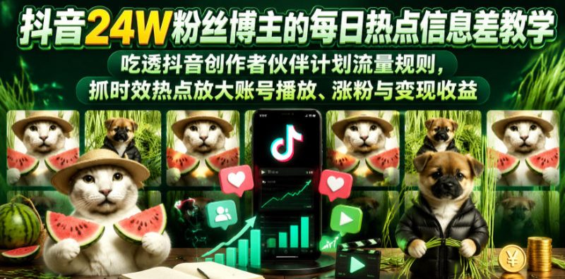 抖音24W粉丝博主的每日热点信息差教学,吃透创作者伙伴计划流量规则,抓时效热点放大账号播放、涨粉与变现收益-西蒙学社