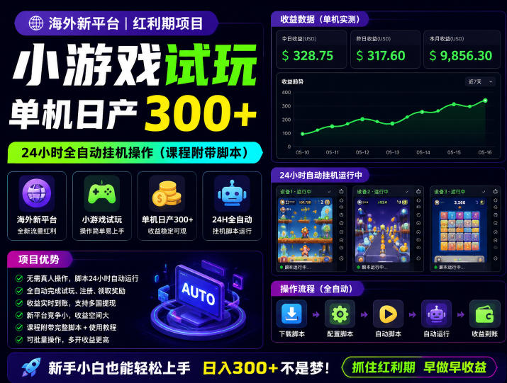 海外新平台,小游戏试玩,单机日产300+,24小时全自动挂G操作(课程附带脚本)【揭秘】-西蒙学社