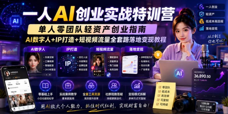 一人AI创业实战特训营,单人零团队轻资产创业指南,AI数字人+IP打造+短视频流量全套路落地变现教程-西蒙学社