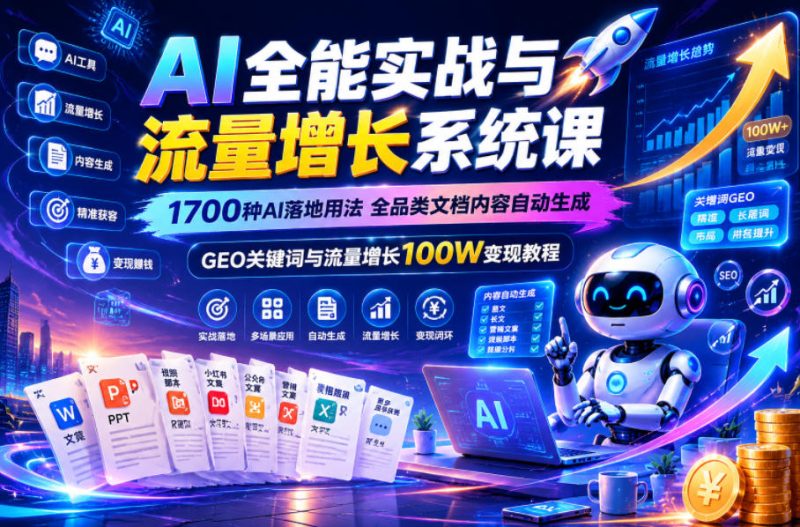 AI全能实战与流量增长系统课,1700种AI落地用法,全品类文档内容自动生成,GEO关键词与流量增长100W变现教程-西蒙学社