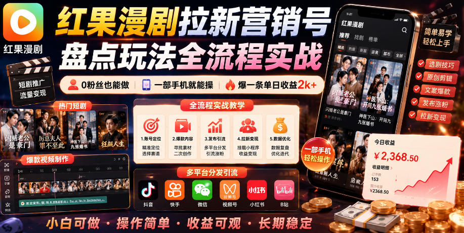 红果漫剧拉新营销号盘点玩法全流程实战，0粉丝也能做，一部手机就能做，爆一条单日收益2k+（更新0628）-西蒙学社