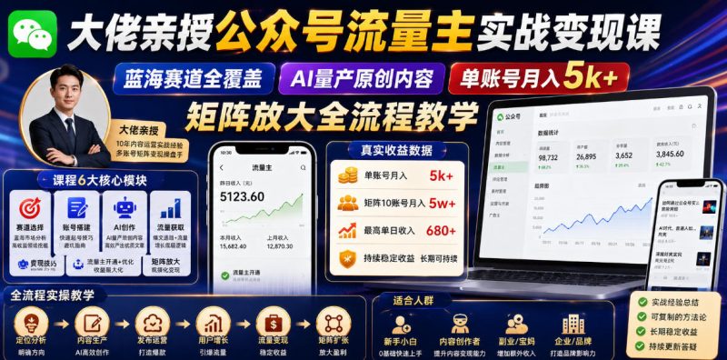 大佬亲授公众号流量主实战变现课,蓝海赛道全覆盖,AI量产原创内容,单账号月入5k+矩阵放大全流程教学-西蒙学社