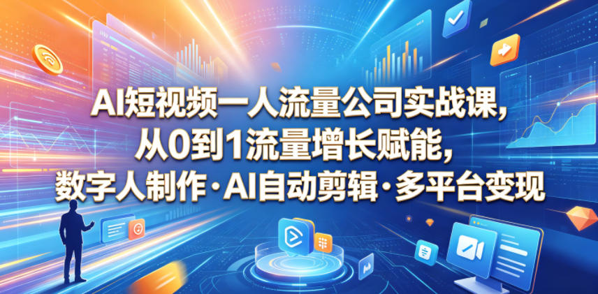AI短视频一人流量公司实战课，从0到1流量增长赋能，数字人制作・AI自动剪辑・多平台变现，一人做流量生意全落地教程-西蒙学社
