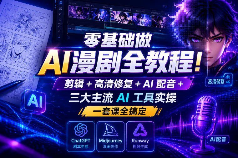 零基础做AI漫剧全教程!剪辑+高清修复+AI配音+三大主流AI工具实操,一套课全搞定-西蒙学社