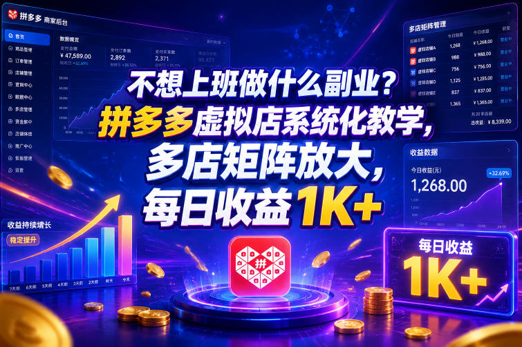 不想上班做什么副业?拼多多虚拟店系统化教学,多店矩阵放大,每日收益1K+【揭秘】-西蒙学社