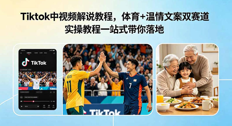 Tiktok中视频解说教程,体育+温情文案双赛道实操教程一站式带你落地,教你出海賺美刀-西蒙学社