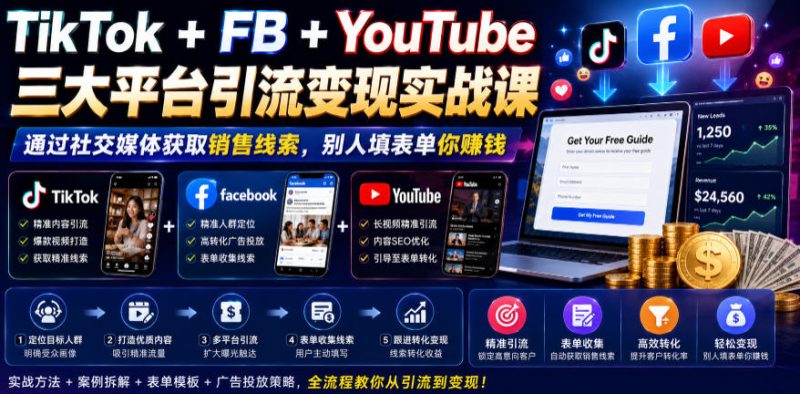 TikTok+FB+YouTube三大平台引流变现实战课，通过社交媒体获取销售线索，别人填表单你賺钱【原创双语字幕】-西蒙学社