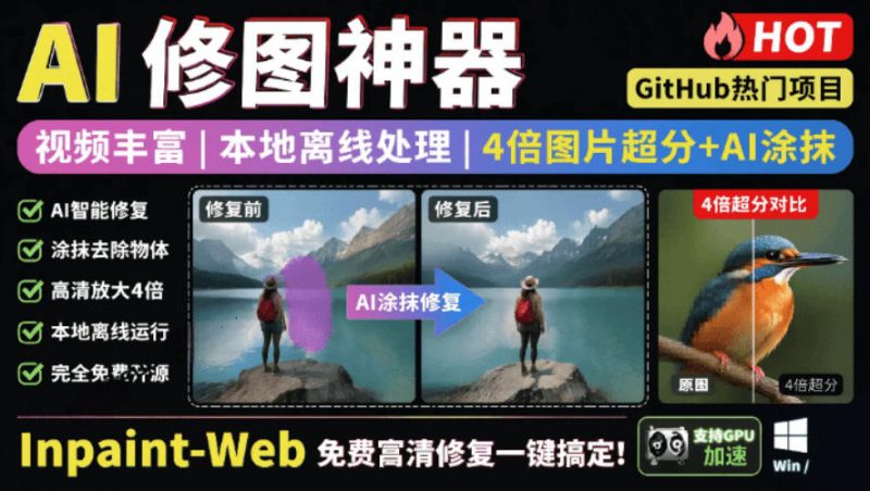 本地离线处理，4倍图片超分+AI涂抹去水印！Github上热门神器，免费高清修复图一键搞定！Inpaint-Web-西蒙学社