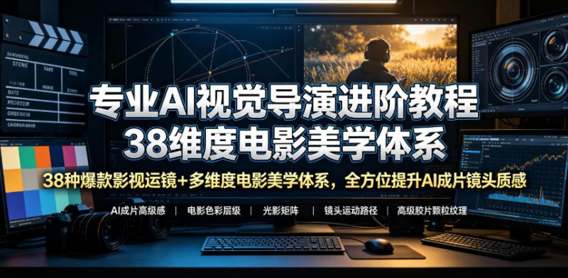 专业AI视觉导演进阶教程，38种爆款影视运镜+多维度电影美学体系，全方位提升AI成片高级感与镜头质感-西蒙学社