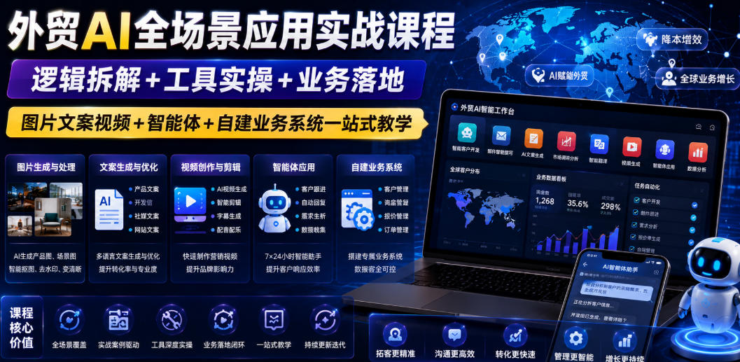 外贸AI全场景应用实战课程｜逻辑拆解+工具实操+业务落地，图片文案视频+智能体+自建业务系统一站式教学-西蒙学社
