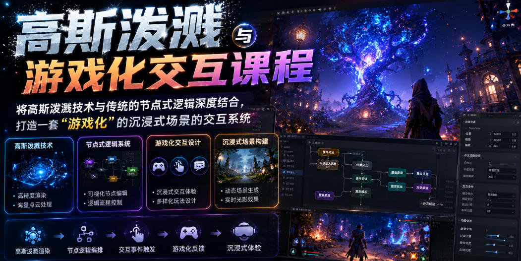 高斯泼溅与游戏化交互课程，将高斯泼溅技术与传统的节点式逻辑深度结合，打造一套“游戏化”的沉浸式场景的交互系统-西蒙学社