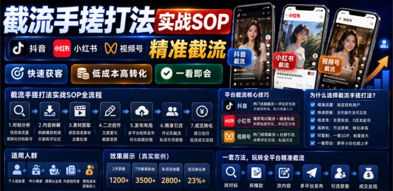 截流手搓打法实战SOP,抖音小红书视频号精准截流,快速获客,低成本高转化,一看即会-西蒙学社